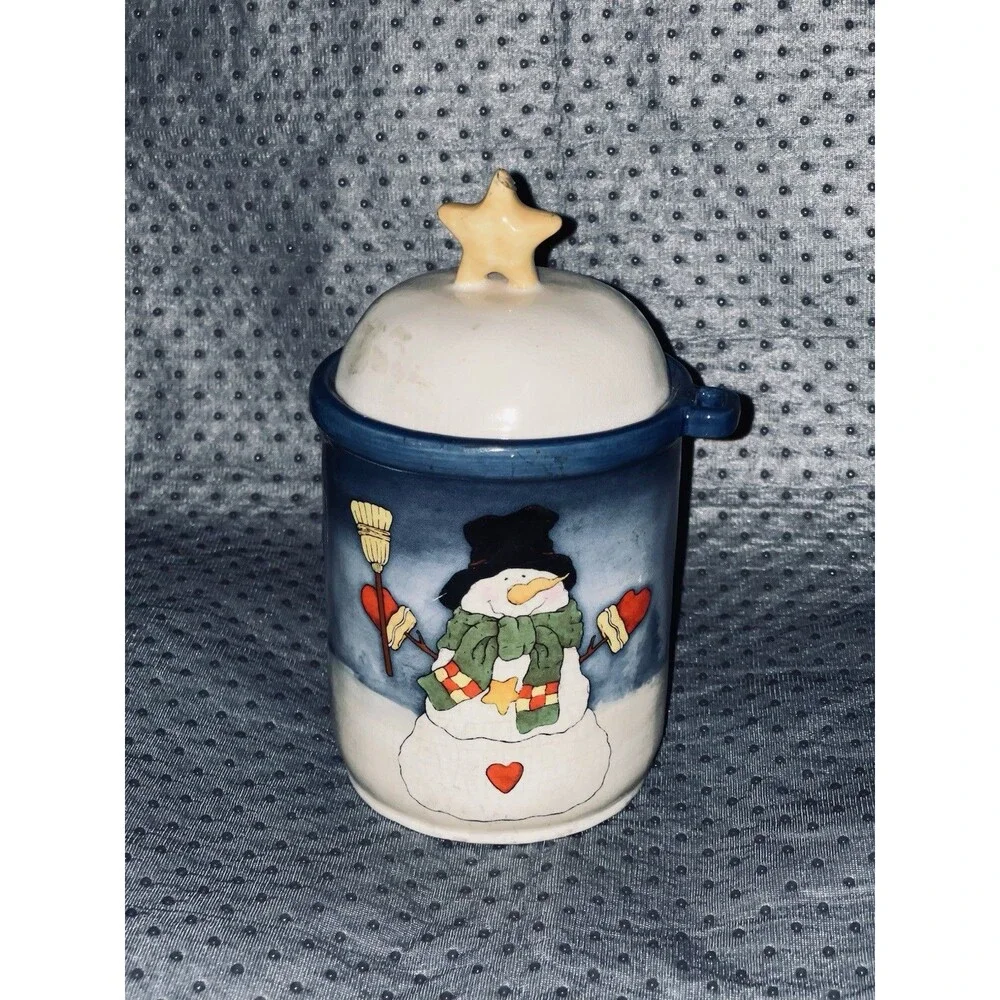 Unbranded Ceramic Christmas Snowman Cookie Jar Caddy Canister SEE Description